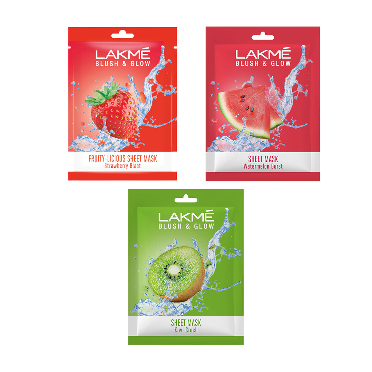 Lakme Blush & Glow Kiwi Sheet Mask(20ml), Lakme Blush & Glow Watermelon Sheet Mask(20ml) & Lakme Blush & Glow Strawberry Sheet Mask(25ml) Combo