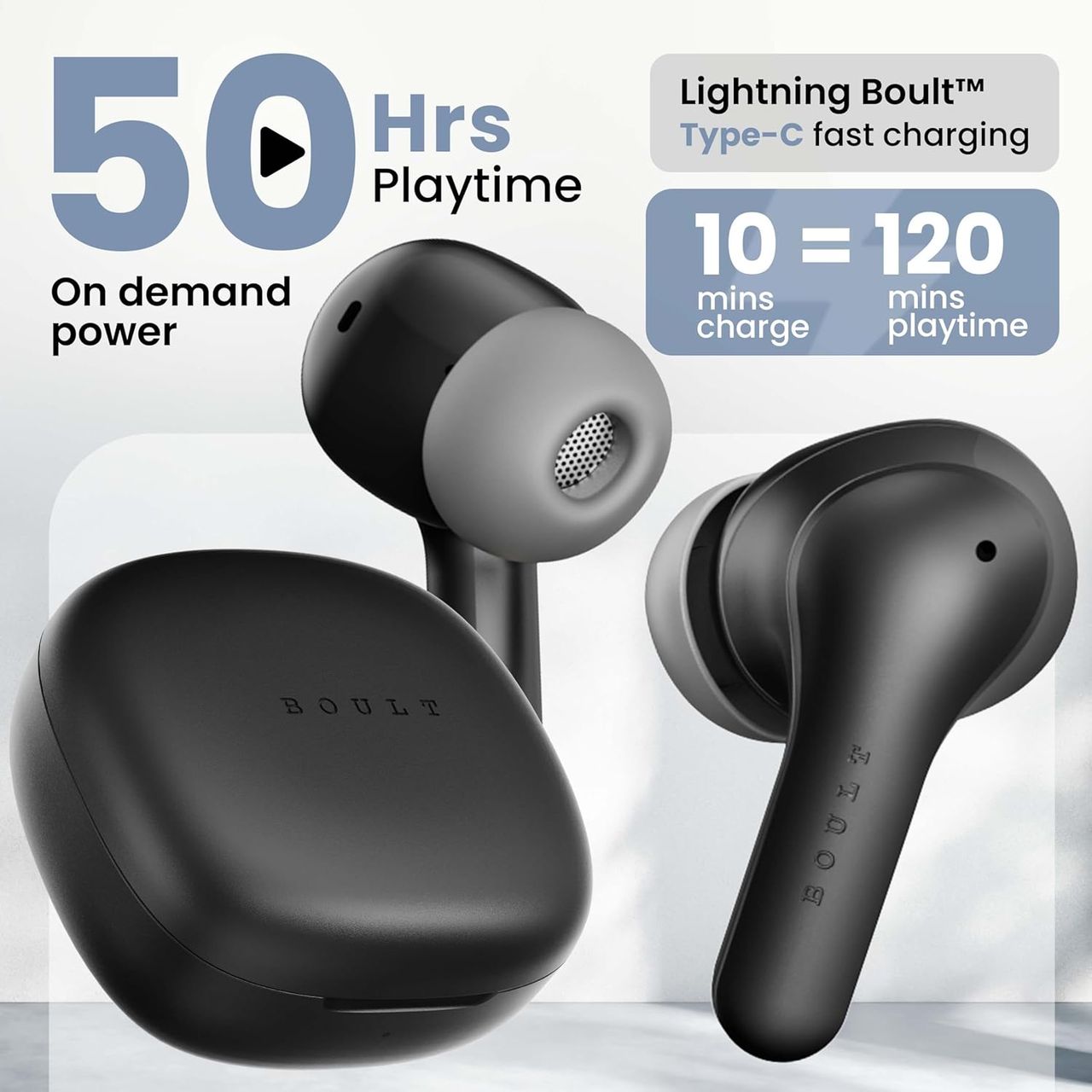 Boult K10 with 6-Mic Hybrid ANC(Upto 50dB),Spatial Audio,50H Battery Life(Pure Black,True Wireless)