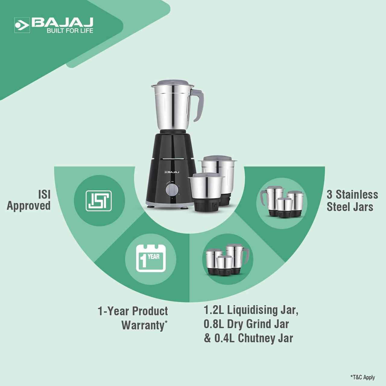 Bajaj GX - 1 Mixer Grinder | 500 W | 3 Jars - Black