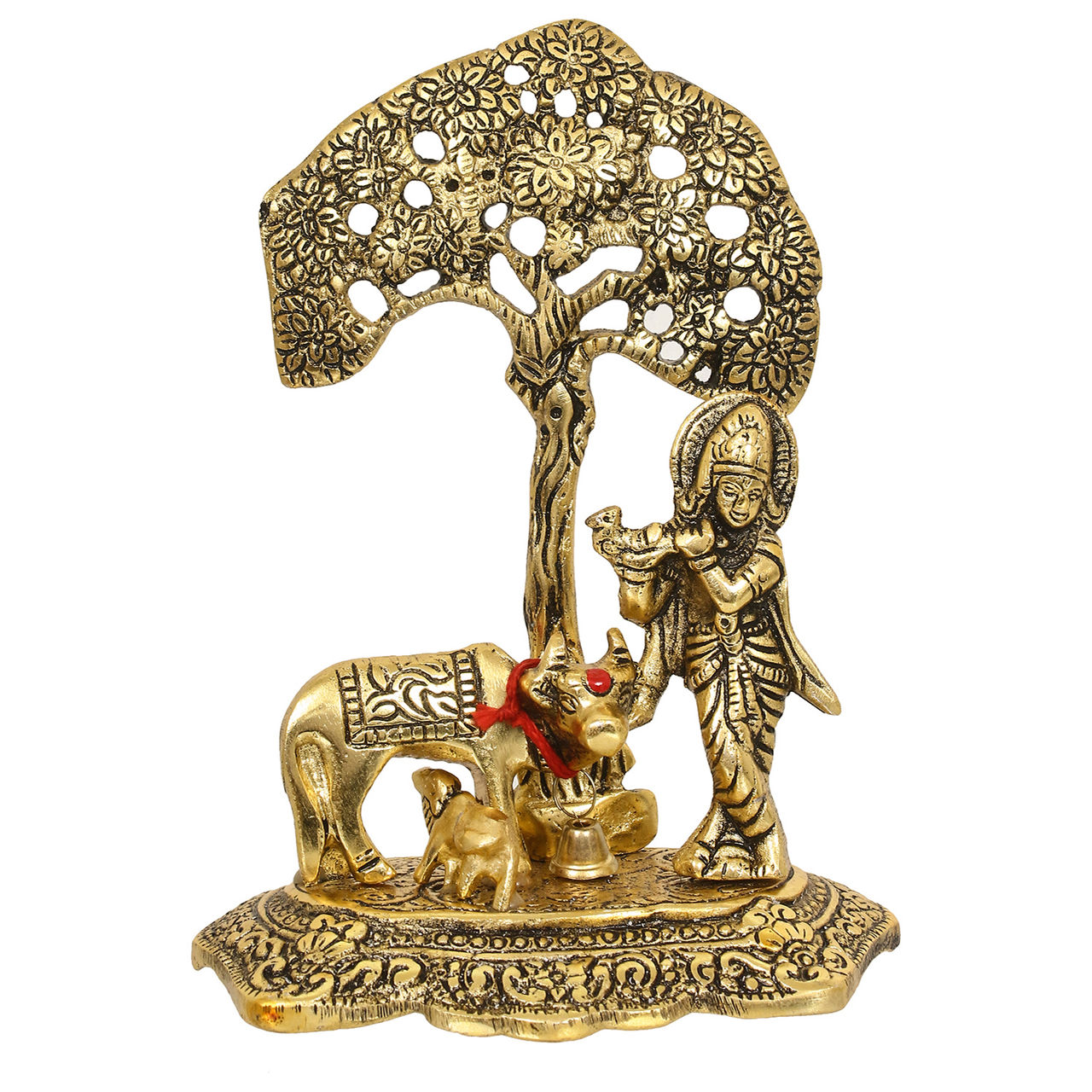 eCraftIndia Divine Golden Lord Krishna Idol Playing Flute Beneath a Tree with Cow and Calf