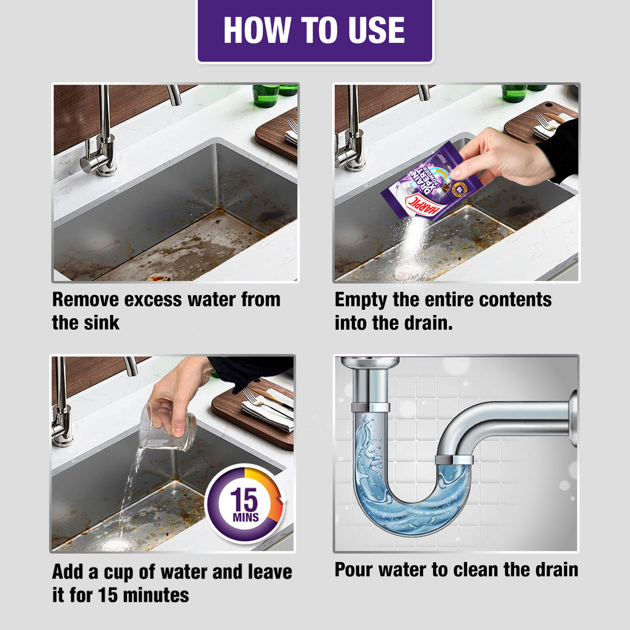 Harpic Drain Cleaner Powder - Sink & Pipe Cleaner For Drainage Block 400 g Combo