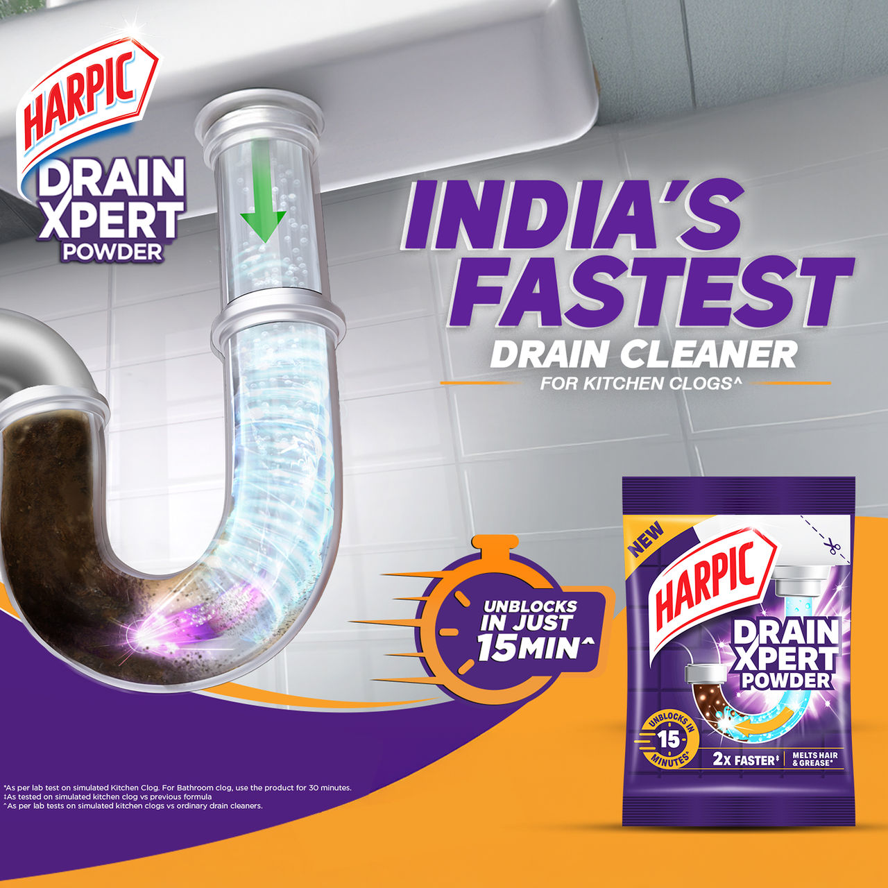 Harpic Drain Cleaner Powder - Sink & Pipe Cleaner For Drainage Block 400 g Combo