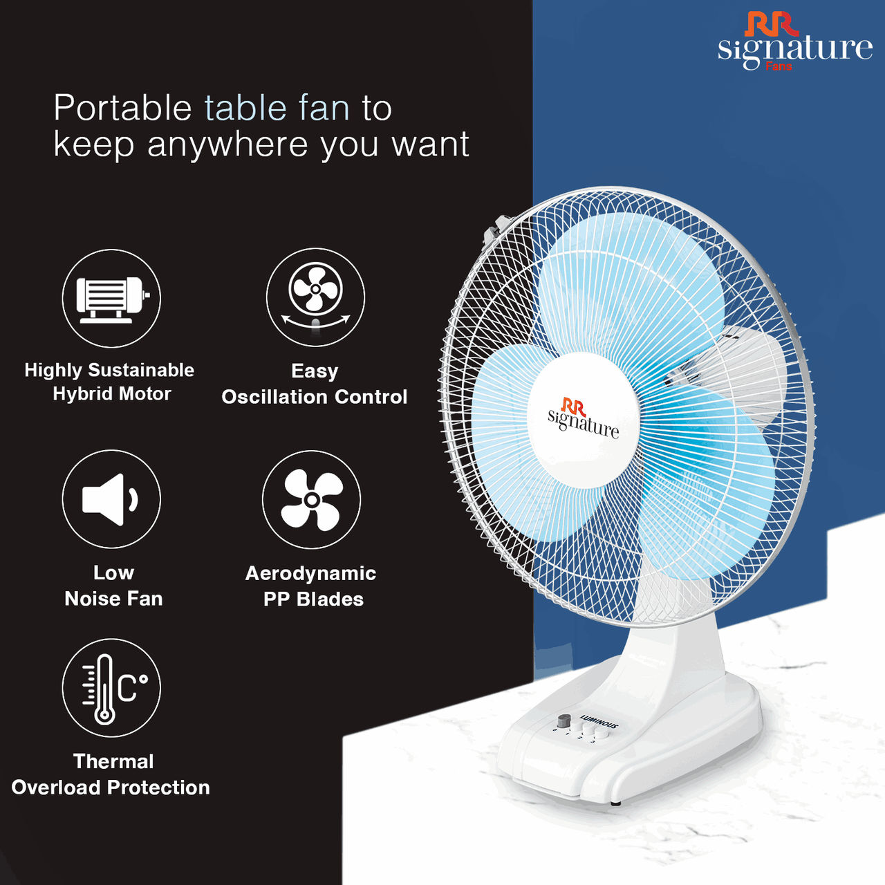 RR Signature Zello Table Fan, 400mm, Normal Speed, White & Blue