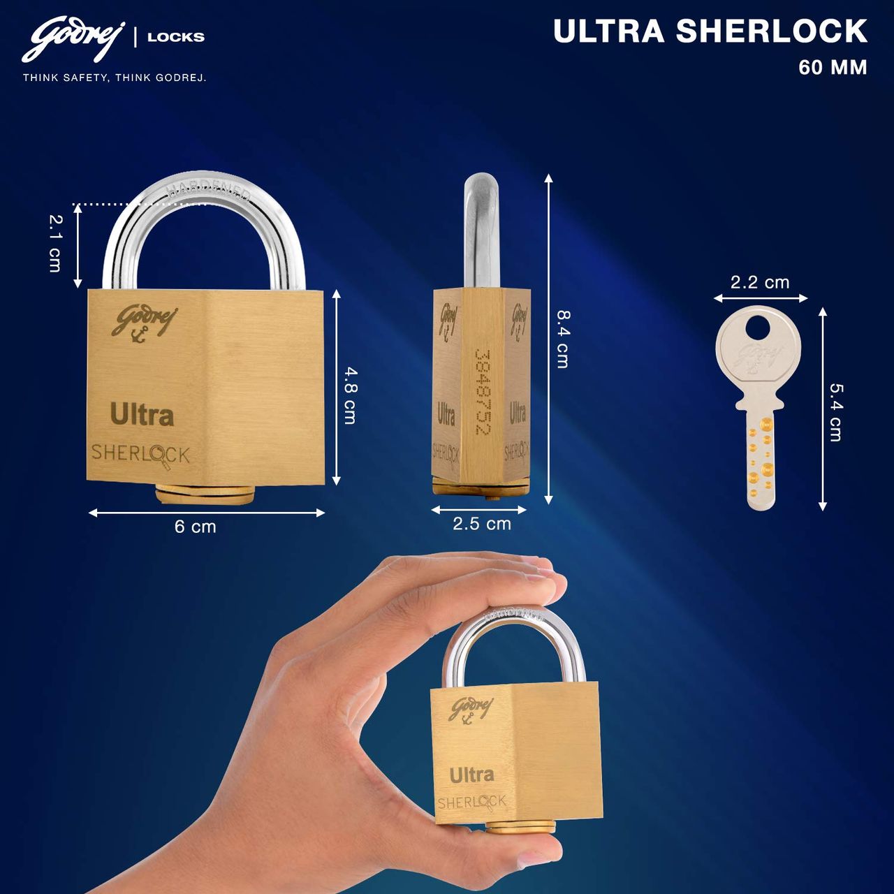 Godrej Ultra Sherlock 60mm Padlock | 3 Keys | Main Door, Gate, Tool Box | Blister Finish
