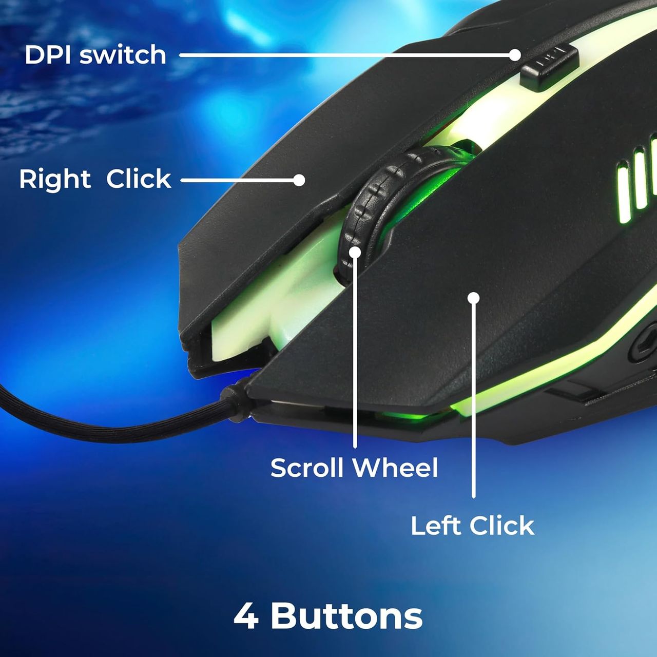 Zebronics Uzi High Precision Wired Gaming Mouse With 4 Buttons | Rainbow Led Lights | Dpi Switch