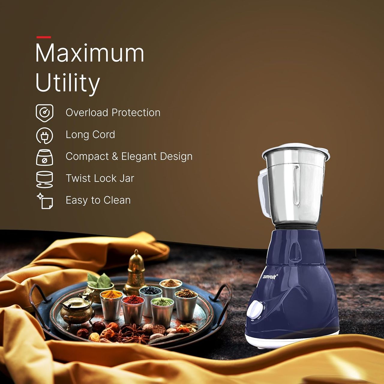ZunVolt 500 Watt Premium MGX 500 Mixer Grinder | 4 Jars | Ink Blue |