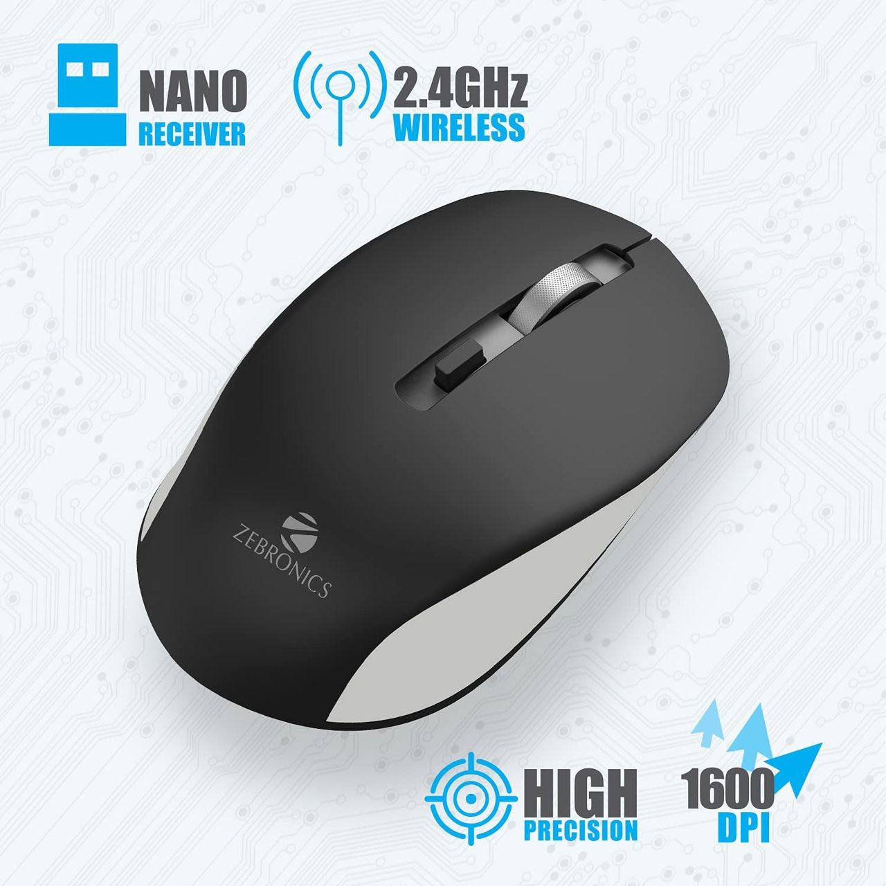 Zebronics Jaguar Wireless Mouse, 2.4Ghz, USB Receiver, 4 Buttons, Plug & Play, Ambidextrous, (Black+Grey)