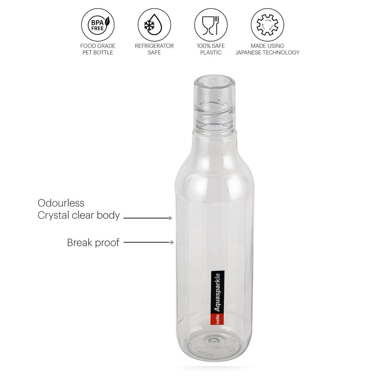 Cello Aqua Sparkle Water Bottle | 100% food grade | Leak proof and Break proof | 1000ml| Clear