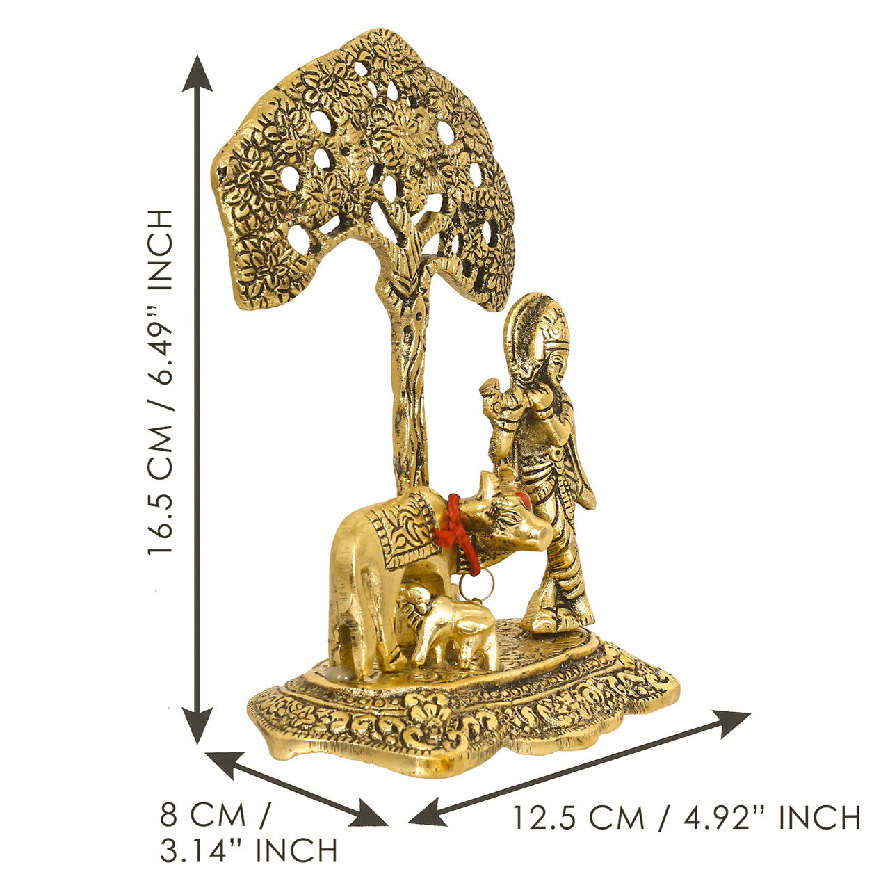 eCraftIndia Divine Golden Lord Krishna Idol Playing Flute Beneath a Tree with Cow and Calf