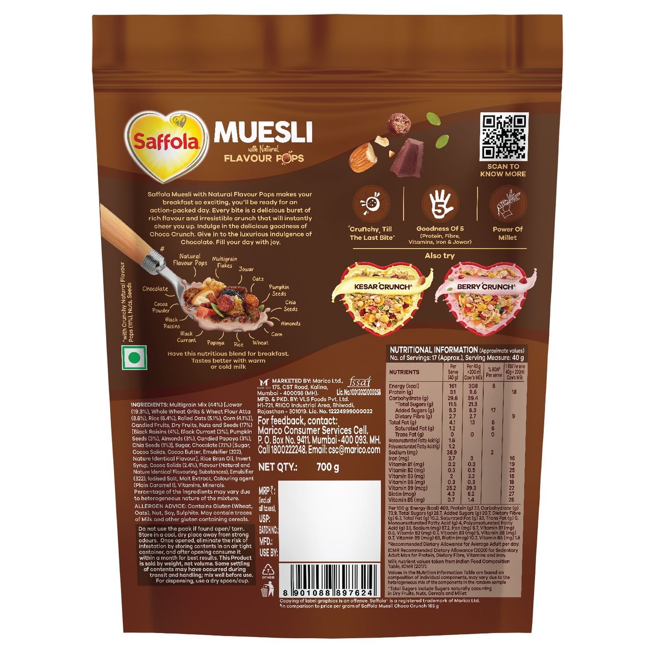 Saffola Muesli Choco Crunch With Flavour Pops 15 In 1 Fruit And Nuts | Seeds | Millet & More