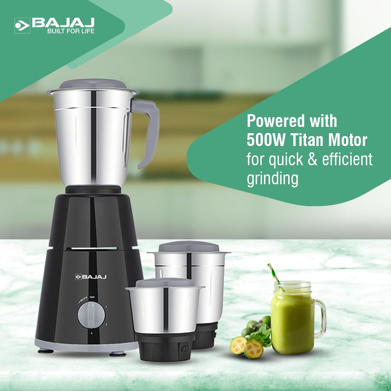 Bajaj GX - 1 Mixer Grinder | 500 W | 3 Jars - Black