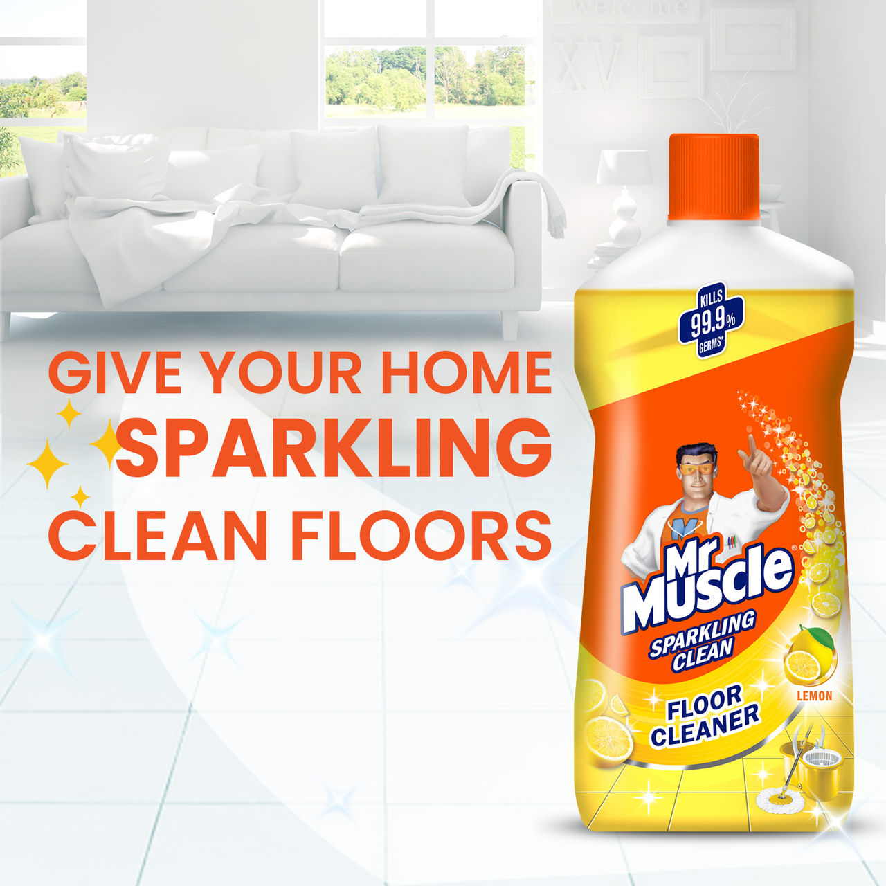 Mr Muscle Sparkling Floor Cleaner Liquid Lemon Citrus, Kills 99.9% Germs 1 l Combo