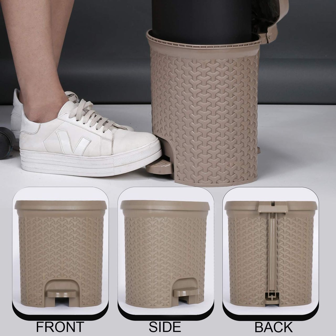 Kolorr Magnum 6 Litres Dustbin With Lid Plastic Pedal Bin With Inner Bucket For Home - Lt Brown