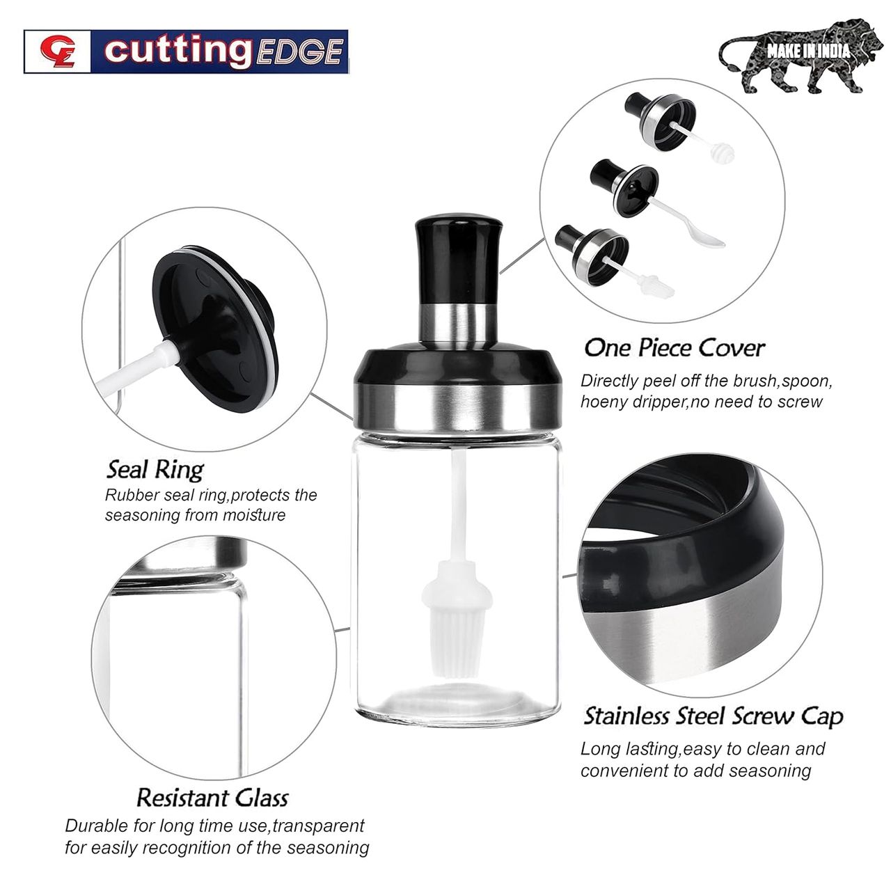 Cutting Edge 250 ml Glass Containers For Oil, Sauce, Honey, Ghee | Jar With Brush | Set of 3