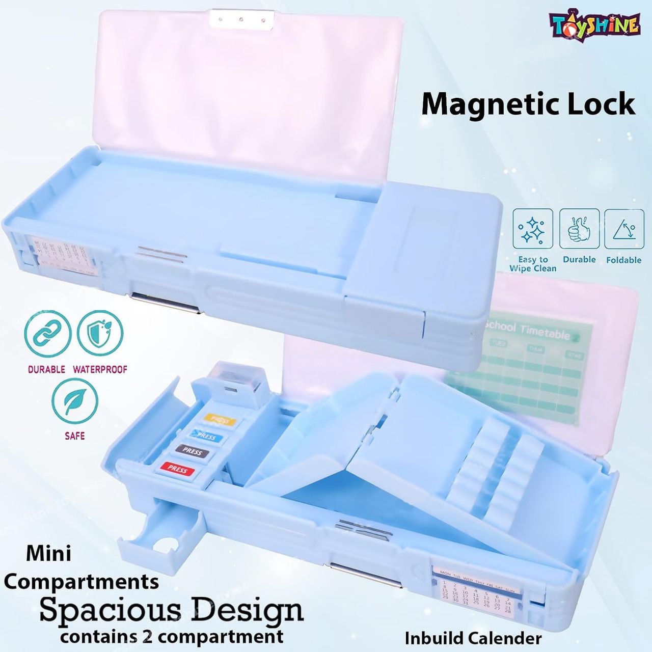 Toyshine Multi Compartment Button Operated Space Pencil Box with Pen Stand In-built For Kids - Blue