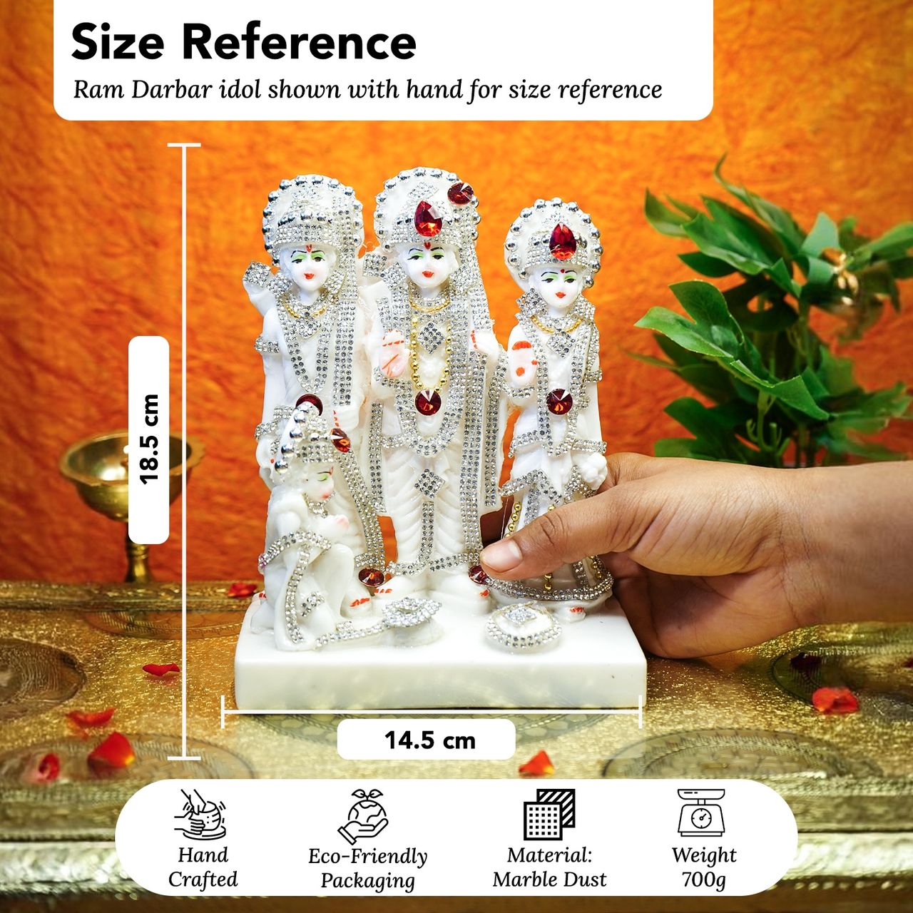 Ekhasa Marble Dust Ram Darbar Murti | 8 Inch | Gemstone Zircon Studded Ram Darbar Statue For Home