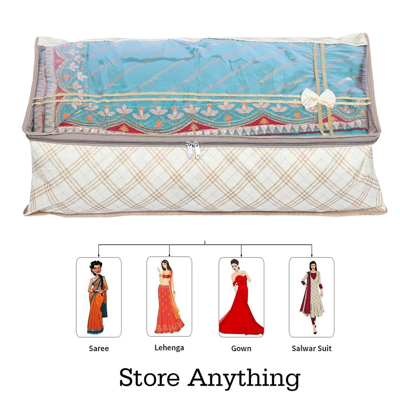 Kuber Industries Non-Woven Check Bow Lehenga Cover with Top Transparent|Large|Pack of 2|Cream