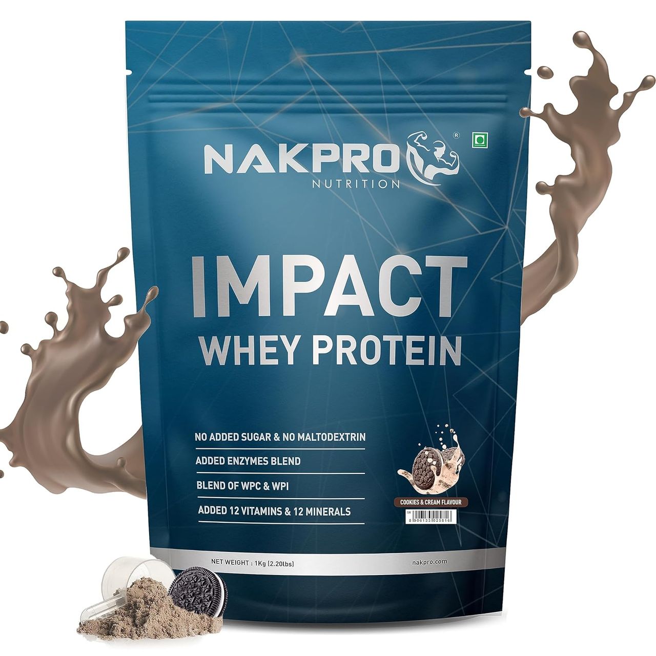 Nakpro Impact Whey Protein 100% Authentic Supplement Powder - Cookies & Cream Flavour