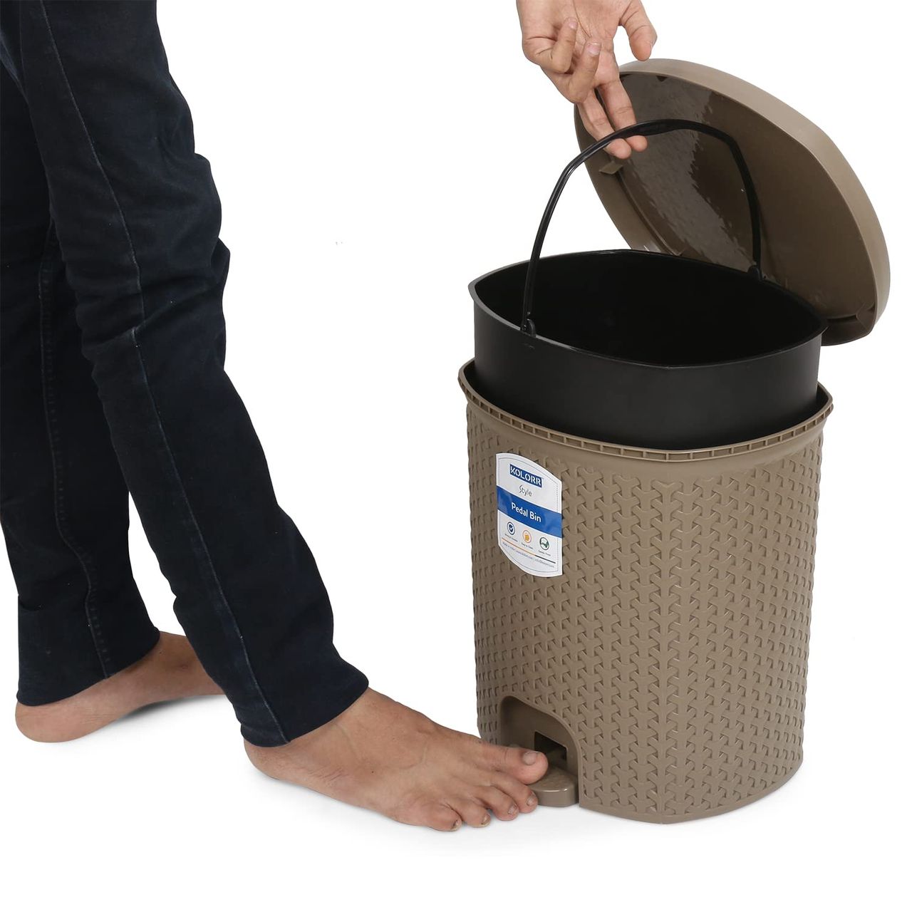 Kolorr Magnum 6 Litres Dustbin With Lid Plastic Pedal Bin With Inner Bucket For Home - Lt Brown