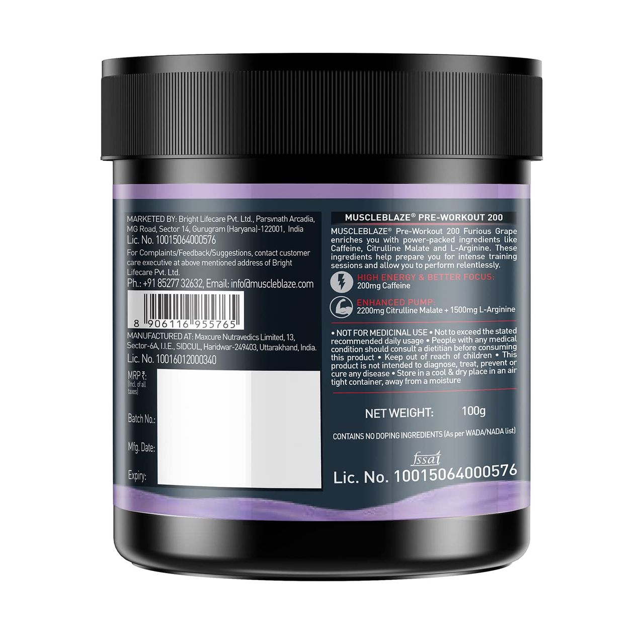 MuscleBlaze Pre Workout 200, (Furious Grape, 20 Servings)