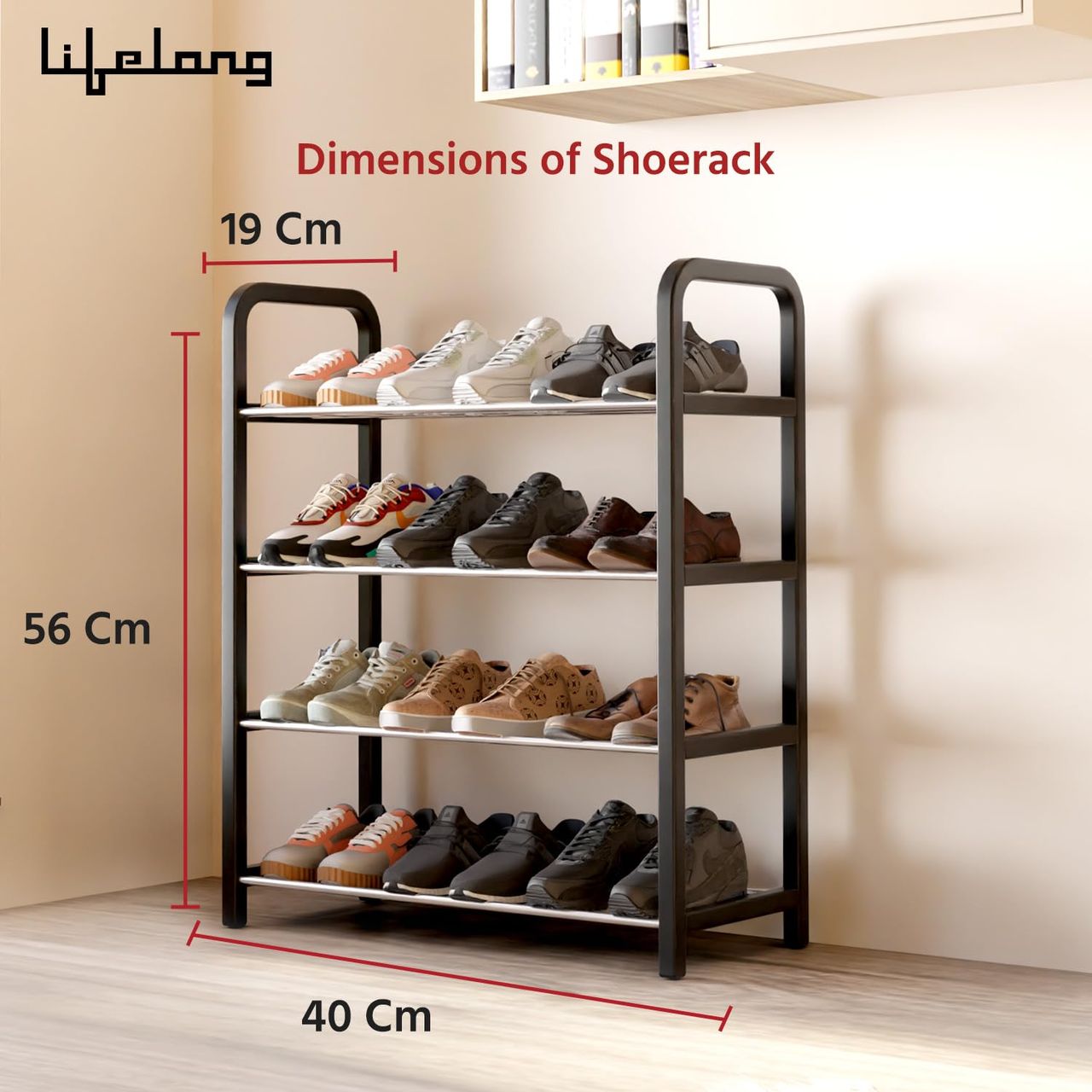 Lifelong Shoe Rack for Home | 4-Tier | Ideal for 12 Shoe Pairs | Space Saving | Chrome Finish