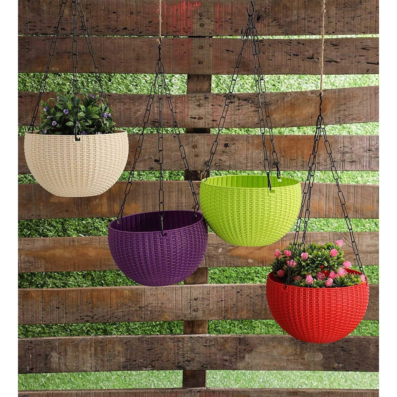 Go Hooked Plastic Multicolor Hanging Pot | Round with Chain Hanging | Set Of 5