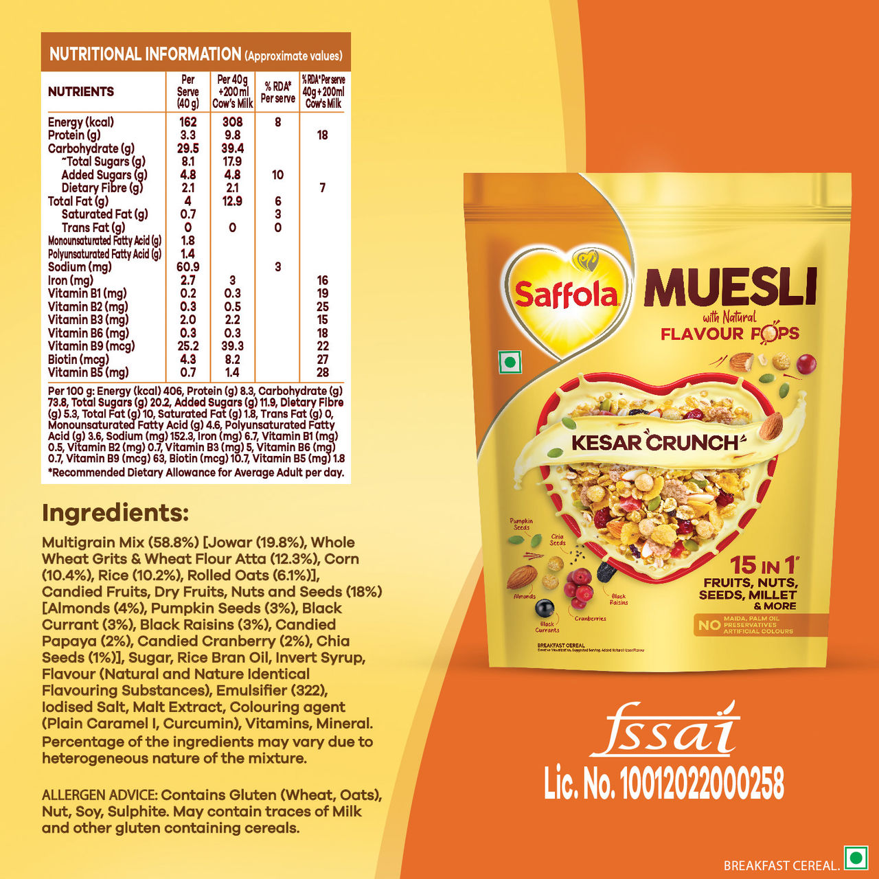 Saffola Muesli Kesar Crunch With Flavour Pops, Fruits, Nuts, Seeds, Millets (15 In 1)