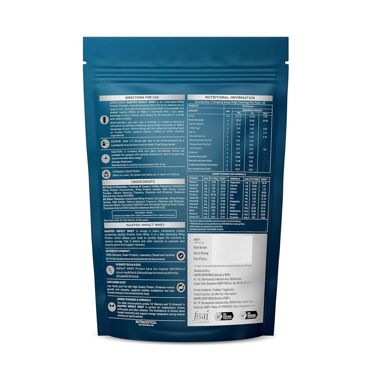 Nakpro Impact Whey Protein 100% Authentic Supplement Powder - Cookies & Cream Flavour