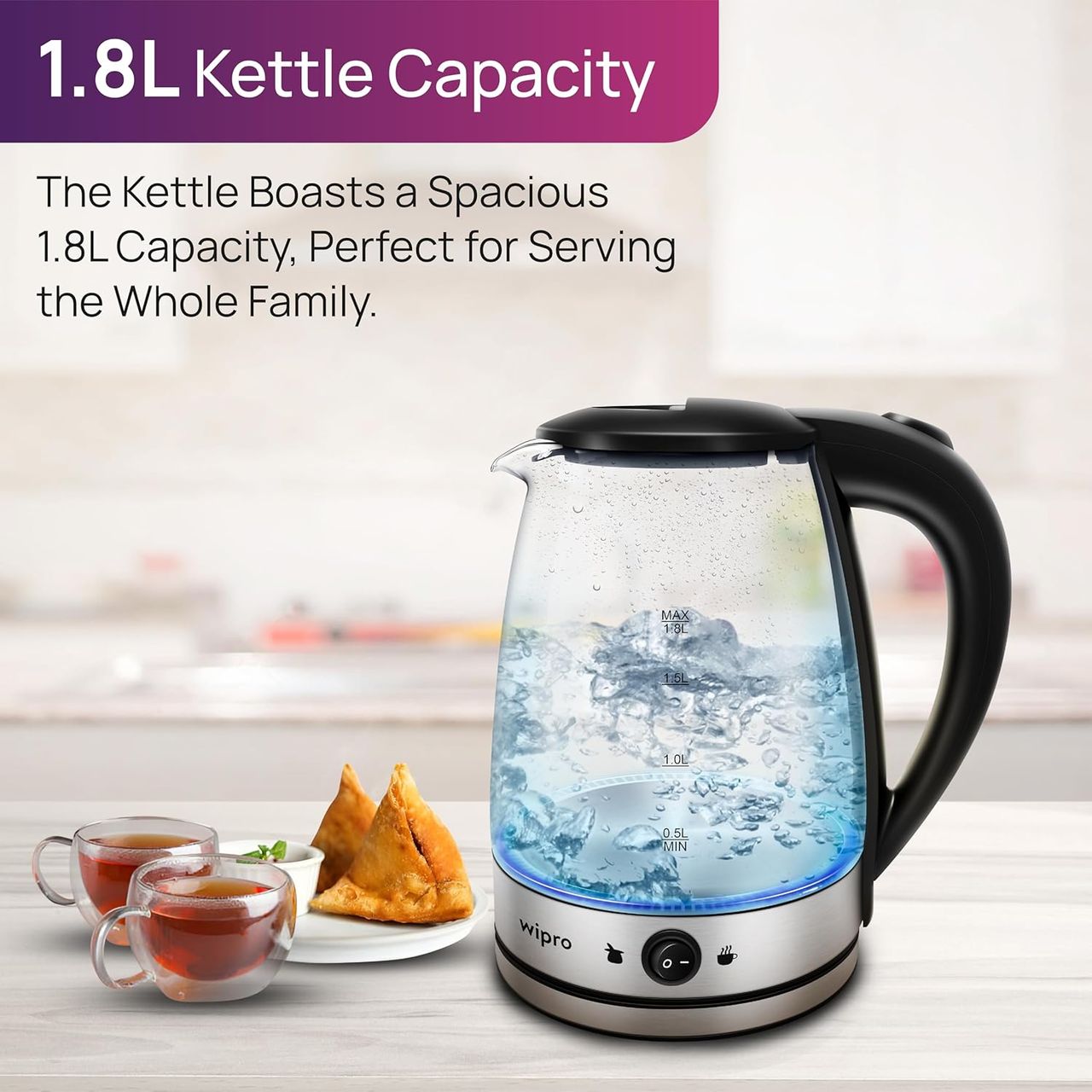 Wipro Elato 1.8 Litre Glass Led Electric Kettle With Keep Warm Function,1500 Watts