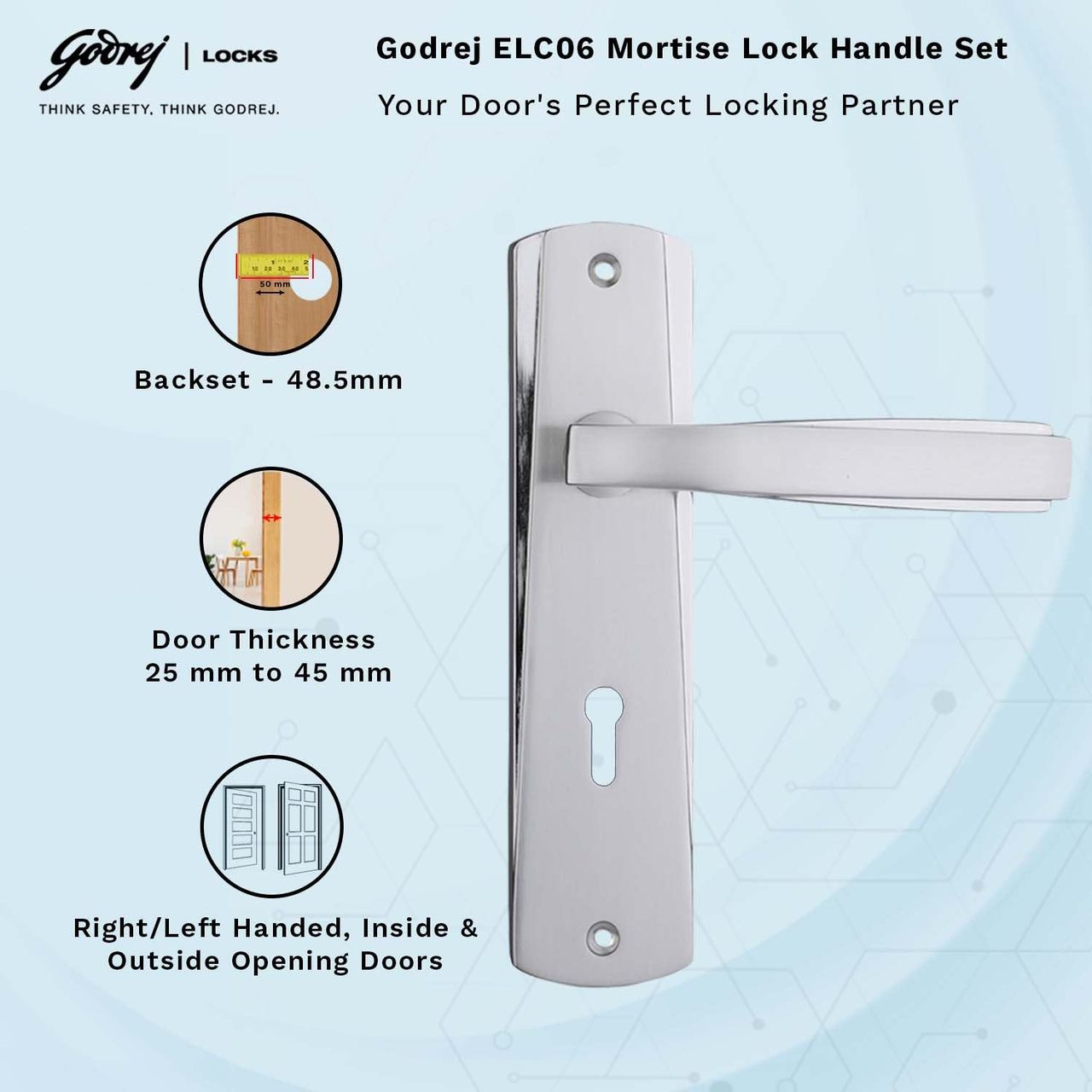 Godrej Mortise Door Lock Handle Set | 6-Lever Locking Mechanism | Satin Steel Finish