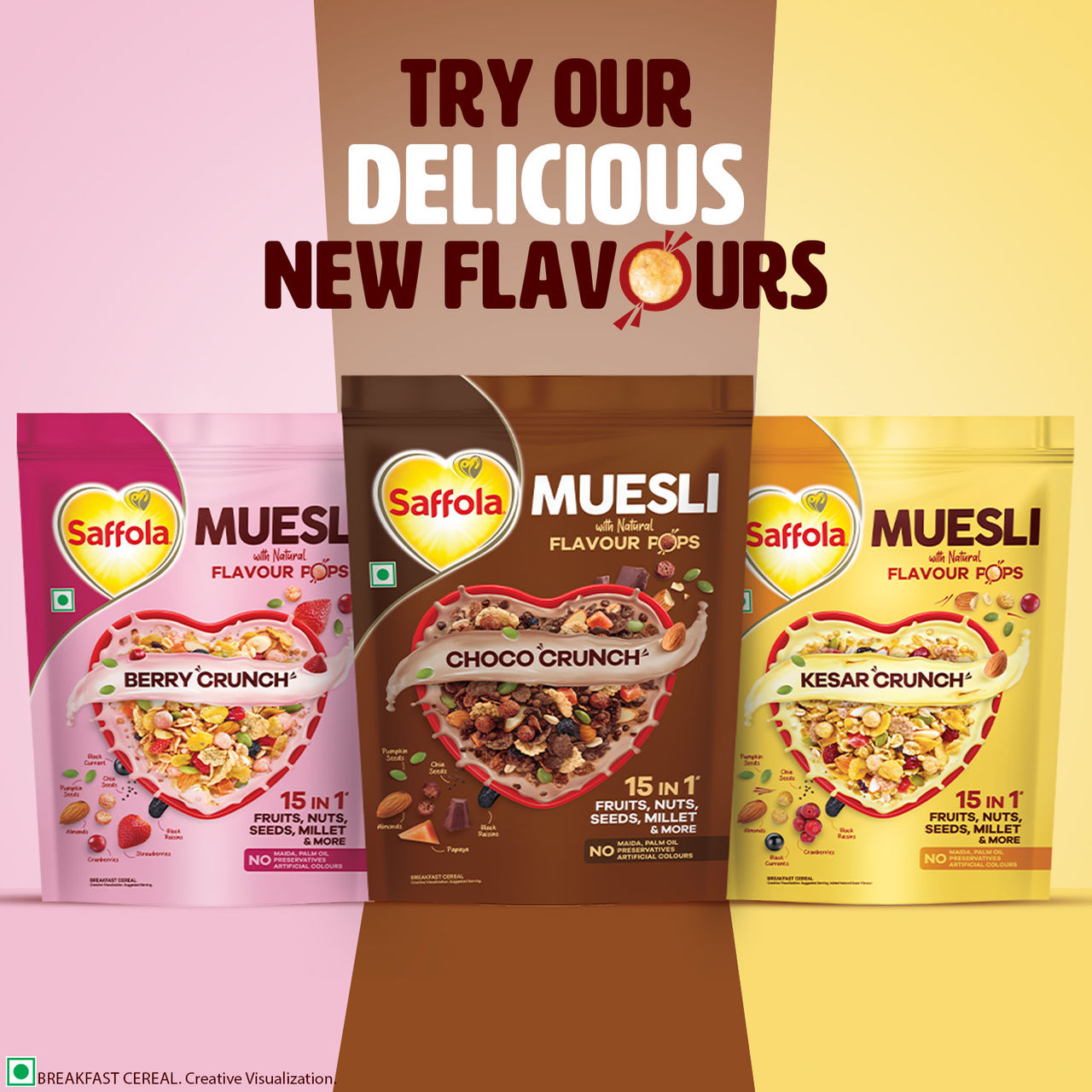Saffola Muesli Choco Crunch With Flavour Pops, Fruits, Nuts, Seeds, Millets (15 In 1)