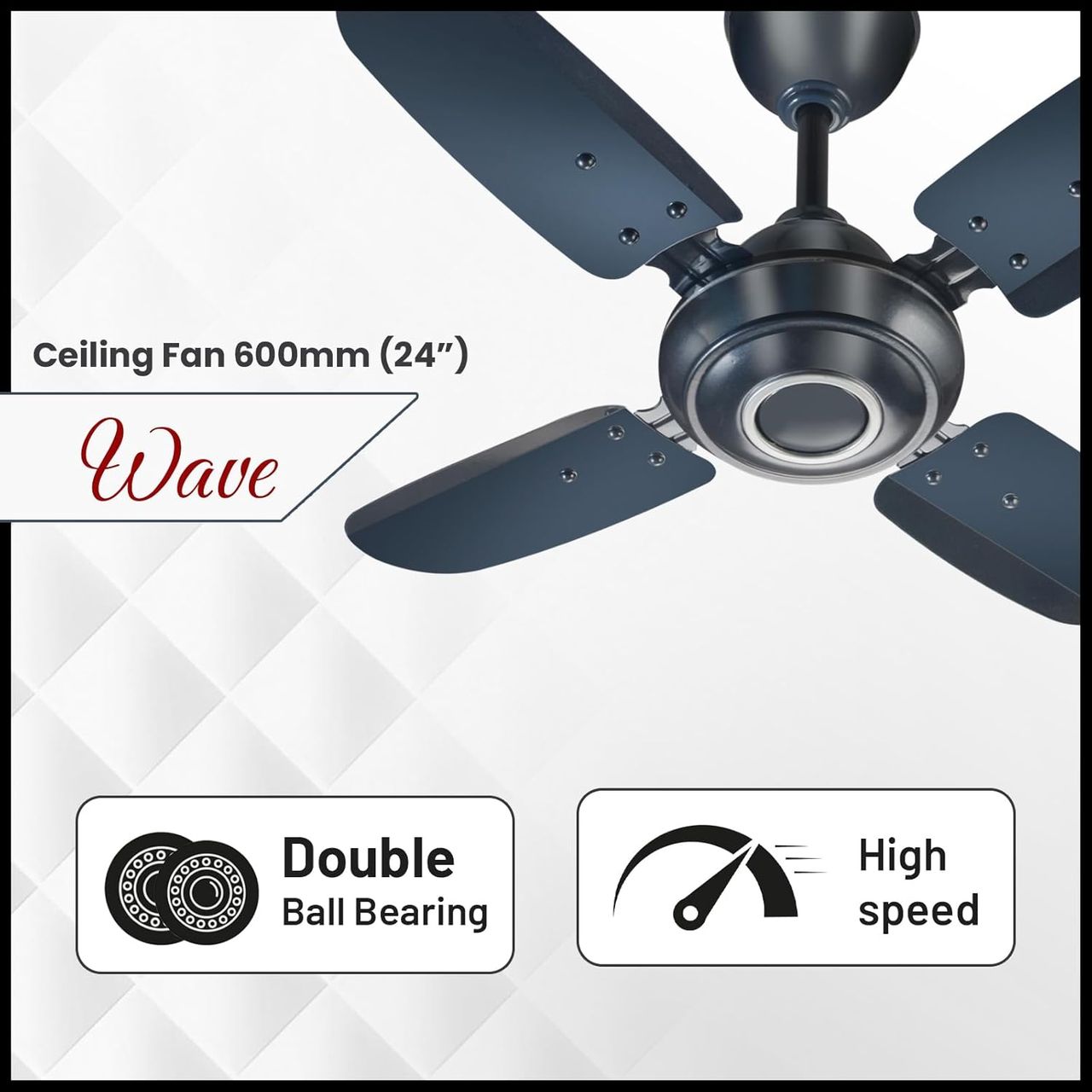 TruTRTL Wave Ceiling Fan, 600mm/24 Inch, High-Speed, Energy Saving,Durable & Stylish, Metallic Blue