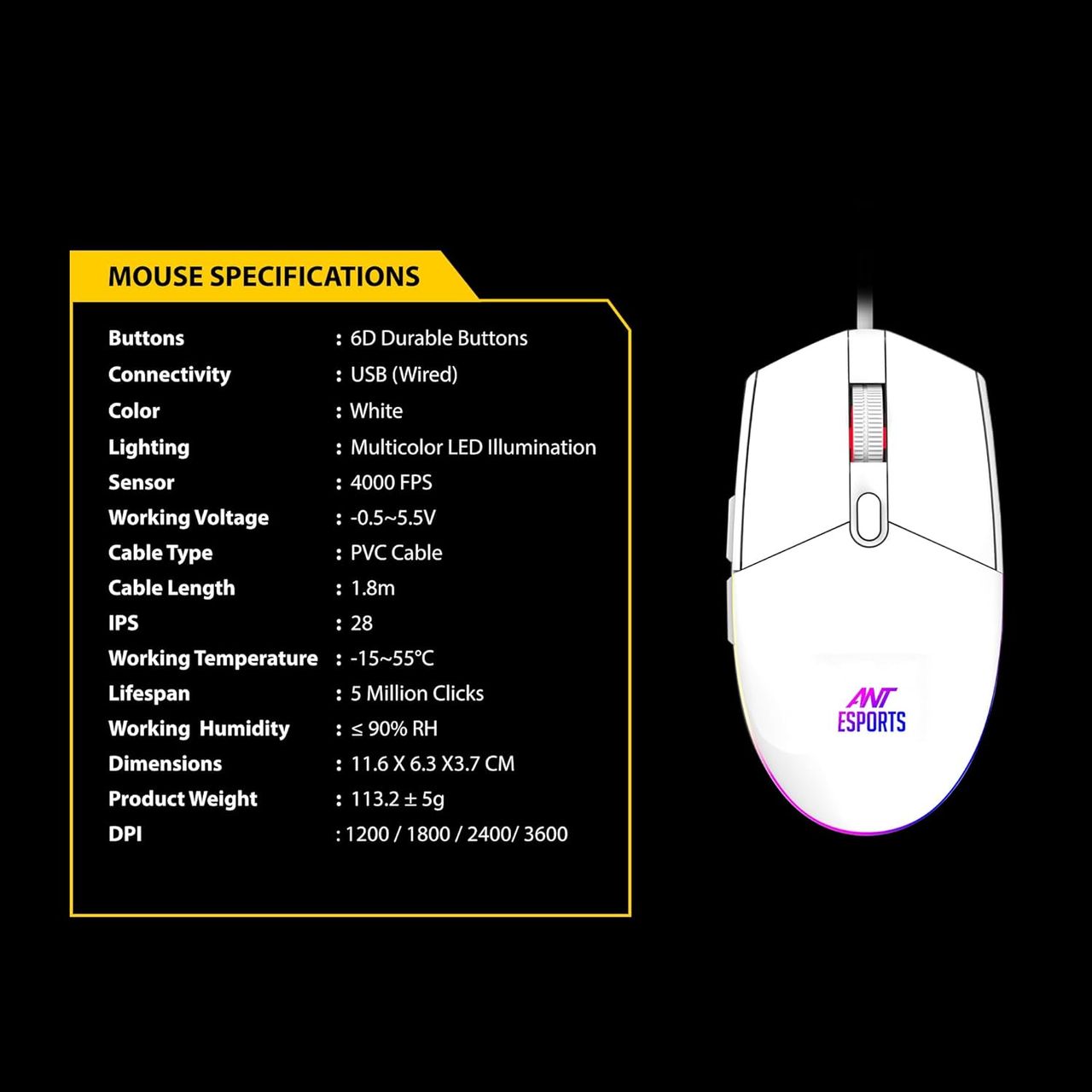 Ant Esports Km1610 Led Keyboard And Mouse Combo,104 Keys Rainbow Backlit,7 Colour Rgb Mouse, White