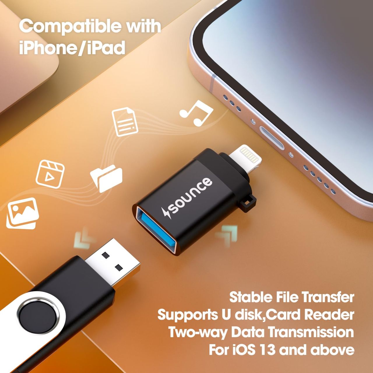 Sounce Lightning Male to 3.0USB A OTG Adapter Pair with iPad, iPhone15, iPhone14, iPhone13 - Black