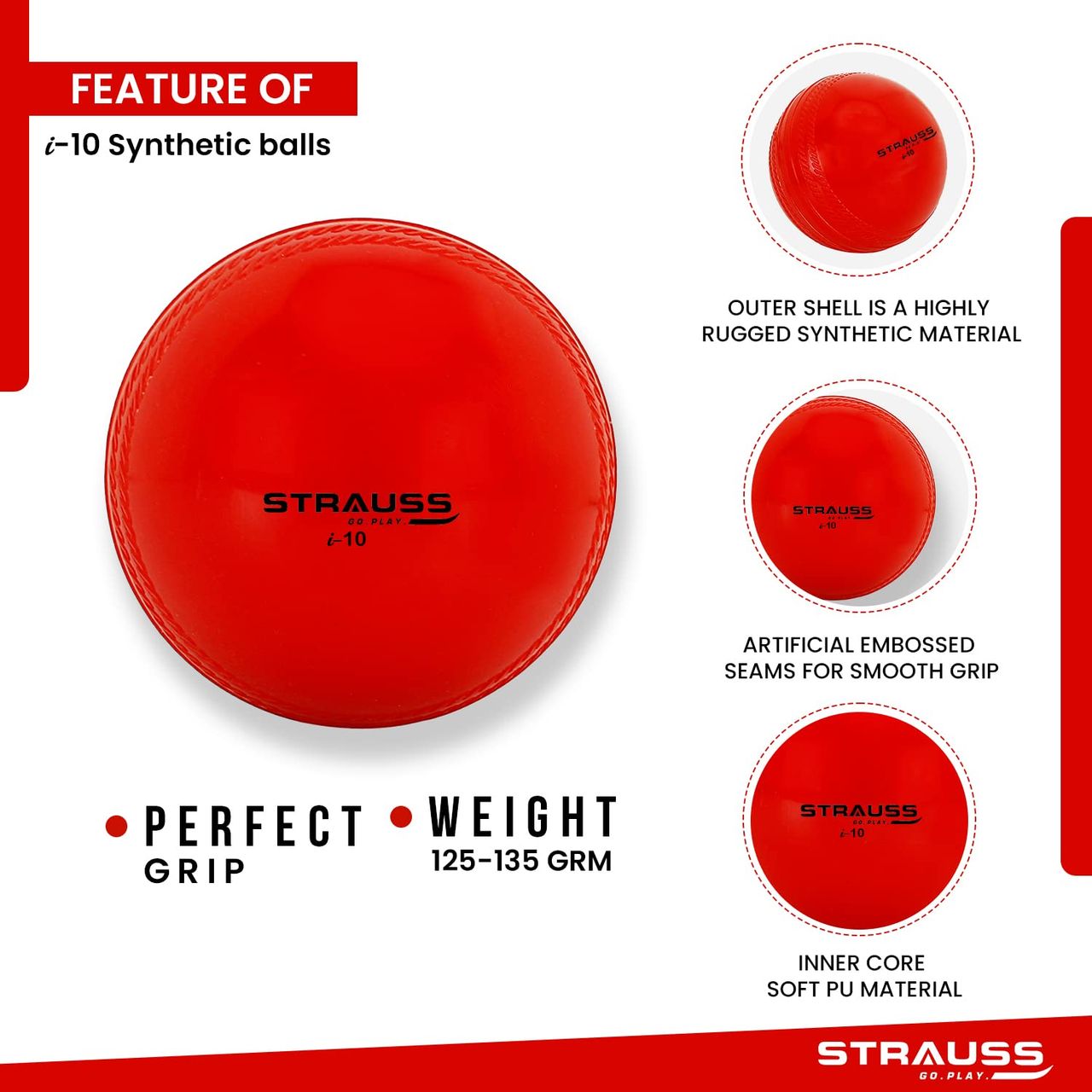 Strauss I-10 Synthetic balls, Pack of 3, (Red, White and Pink)