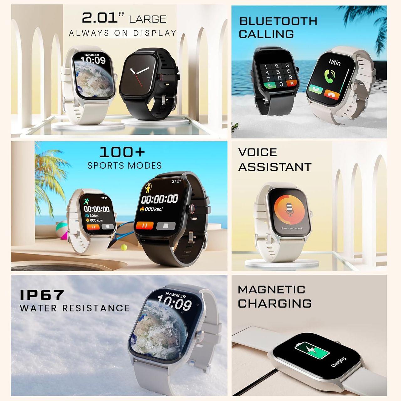 Hammer Polar 2.01 Inch Ips Aod Smart Watch Dual Mode Voice Assistant Rotating Crown Calling Black