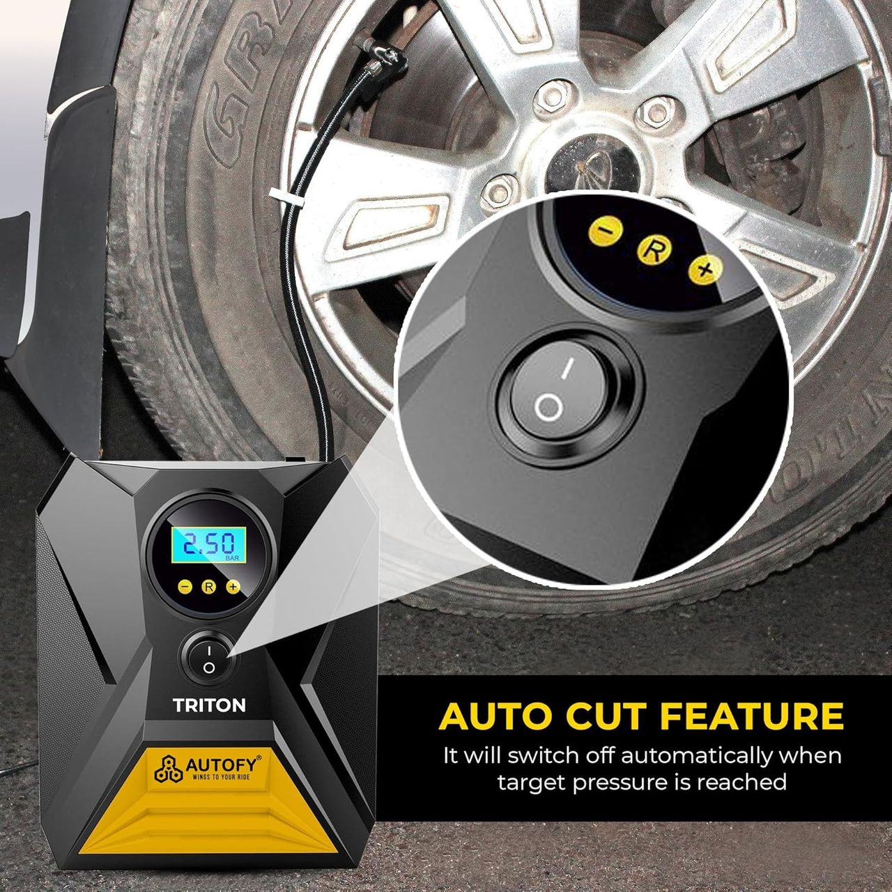 Autofy Triton With Auto Cut Car Tyre Inflator 150Psi With Emergency Led | 120W-12V