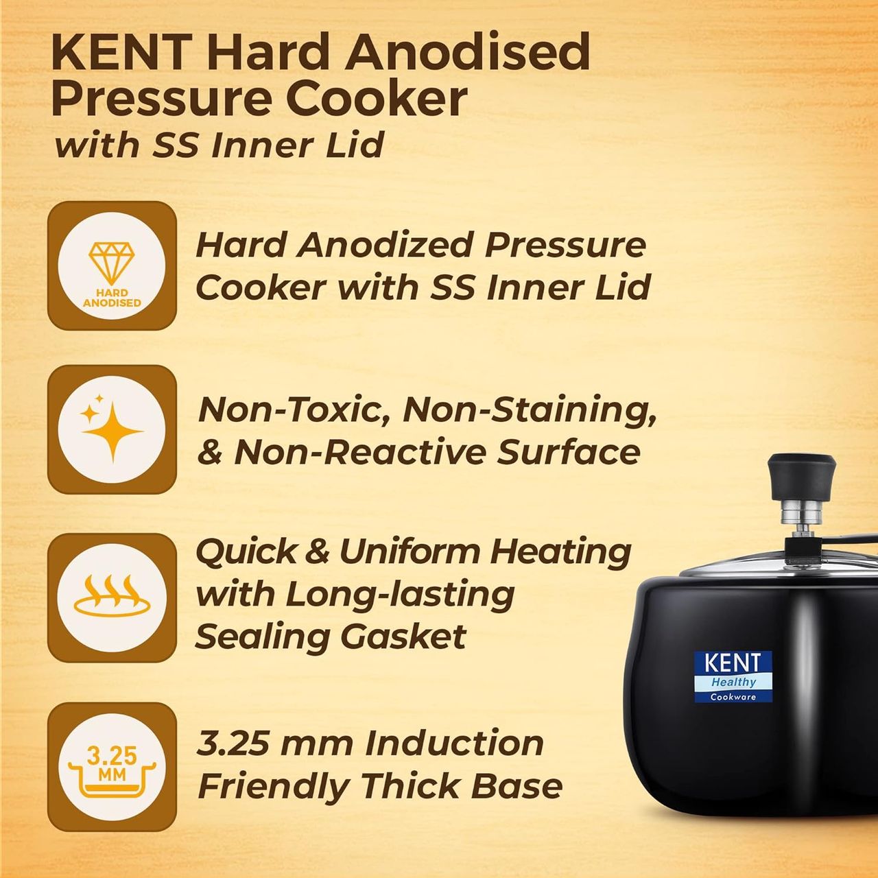 Kent Hard Anodised Pressure Cooker 3L with SS Inner Lid 3.25 mm Thick Base Induction Compatible