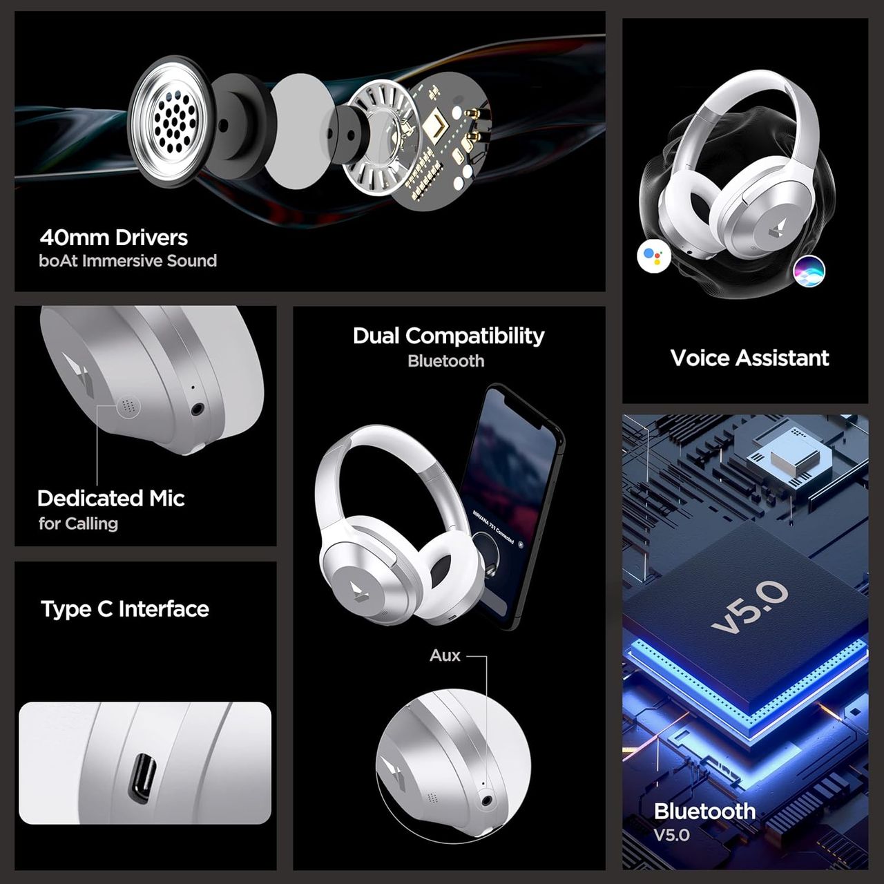 boAt Nirvanaa 751 Anc Over Ear Bt Headphones W Anc Upto 33Db 65H Playtime - Sterling Silver