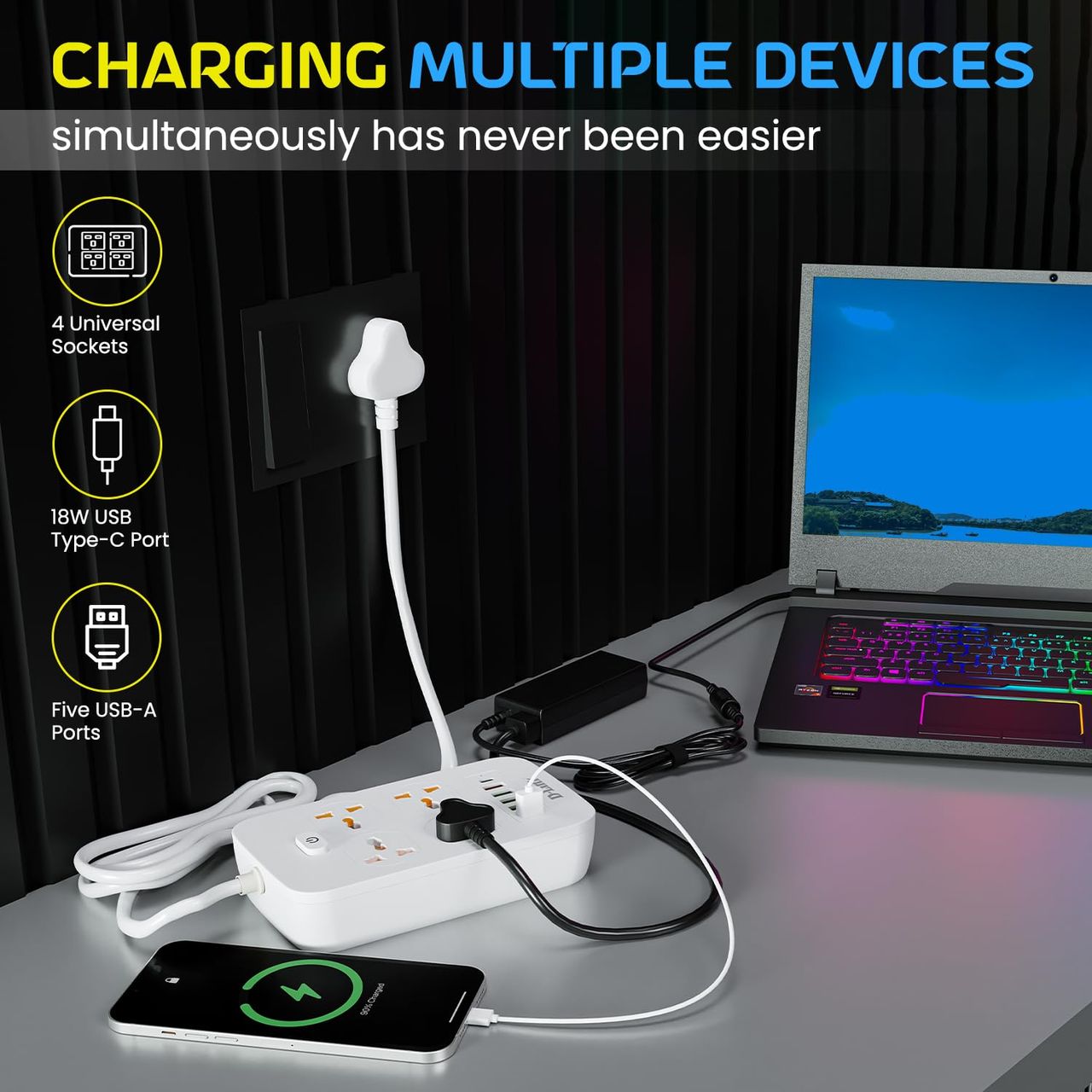 D-Link Power Strip with 4 Universal Sockets with Child Security + 5 USB Ports + 1 Type-C Port,1500W