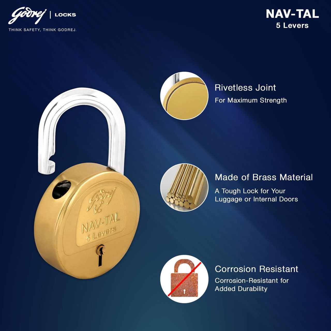 Godrej Locks Navtal 5 Levers Brass Padlock With 3 Keys (40mm) | Brass
