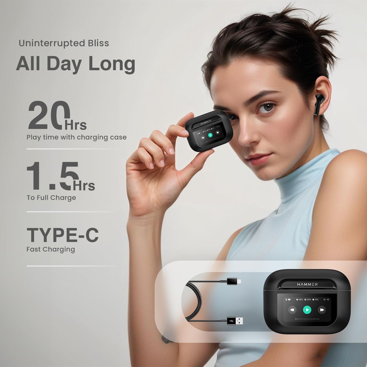 Hammer Anc (32Db) Tws| 30Hr Battery 5 Eq Modes Touch Screen True Wireless Buds -Matte Finish Black