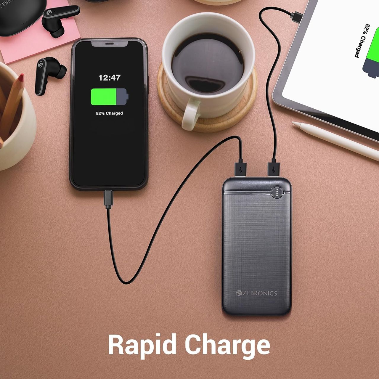 Zebronics MB10000S11 Power Bank, 10000 Mah, Rapid Charge, 20W Output, Dual USB Output, Pd 3.0 Type C (Black)