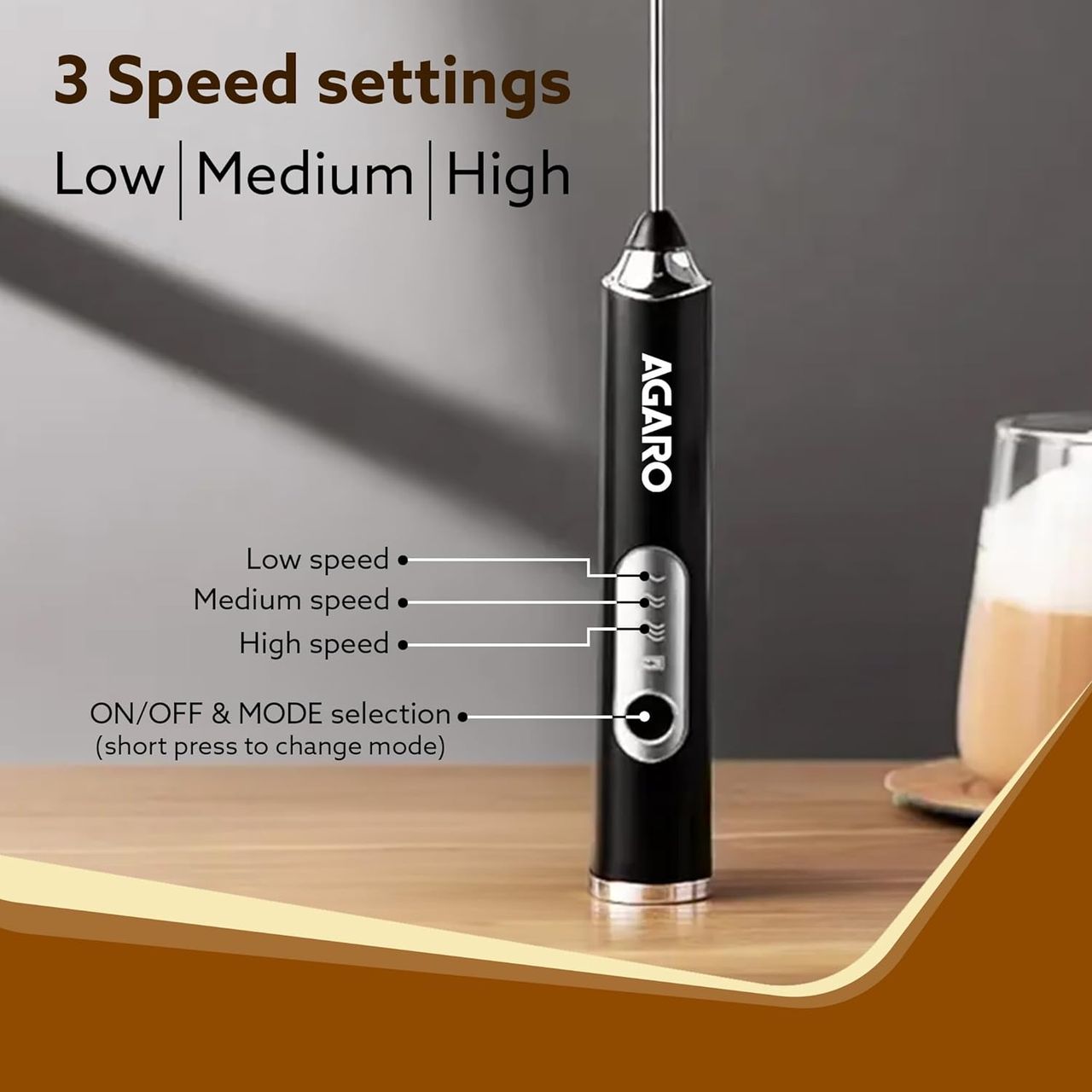 AGARO Royal Milk Frother | 3-Speed | With Whisk | Stand-up Design | Rechargeable | Stainless Steel - Black
