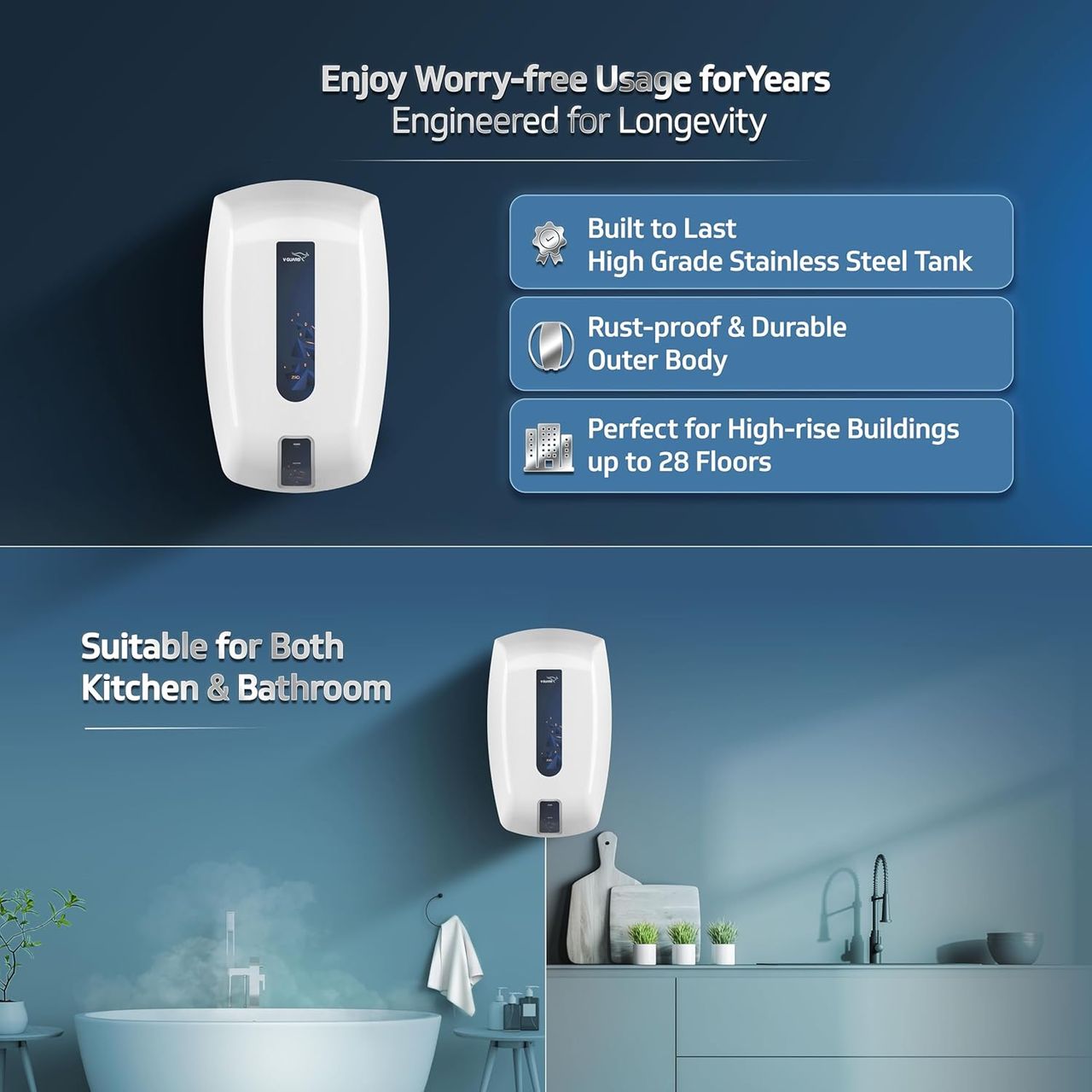V-Guard Zio Instant Geyser 5 Ltr Wall Mount Water Heater|White-Blue