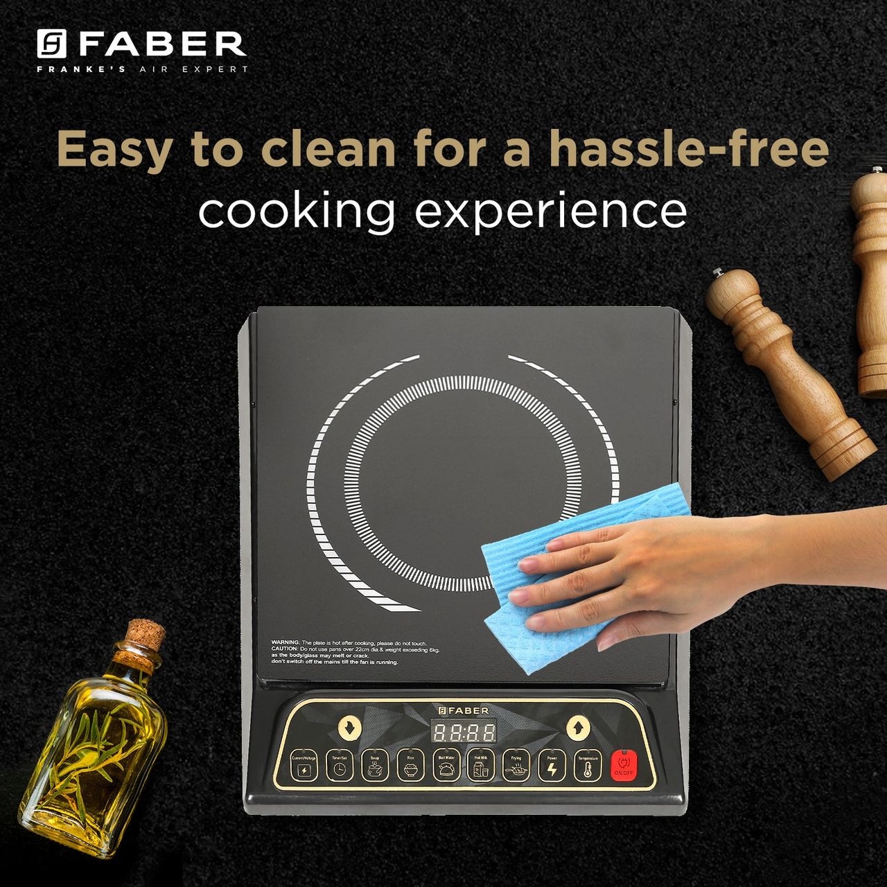 Faber Zion 1600W Induction Stove | 5 Auto-Cook Functions | LED Display Touch Control | Black