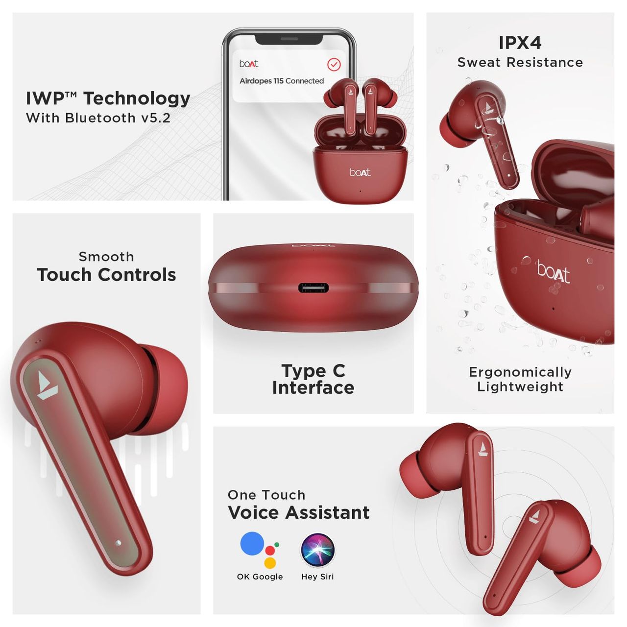 boAt Airdopes 115 in Ear Tws Earbuds With Enx & Beast Mode(Raging Red)