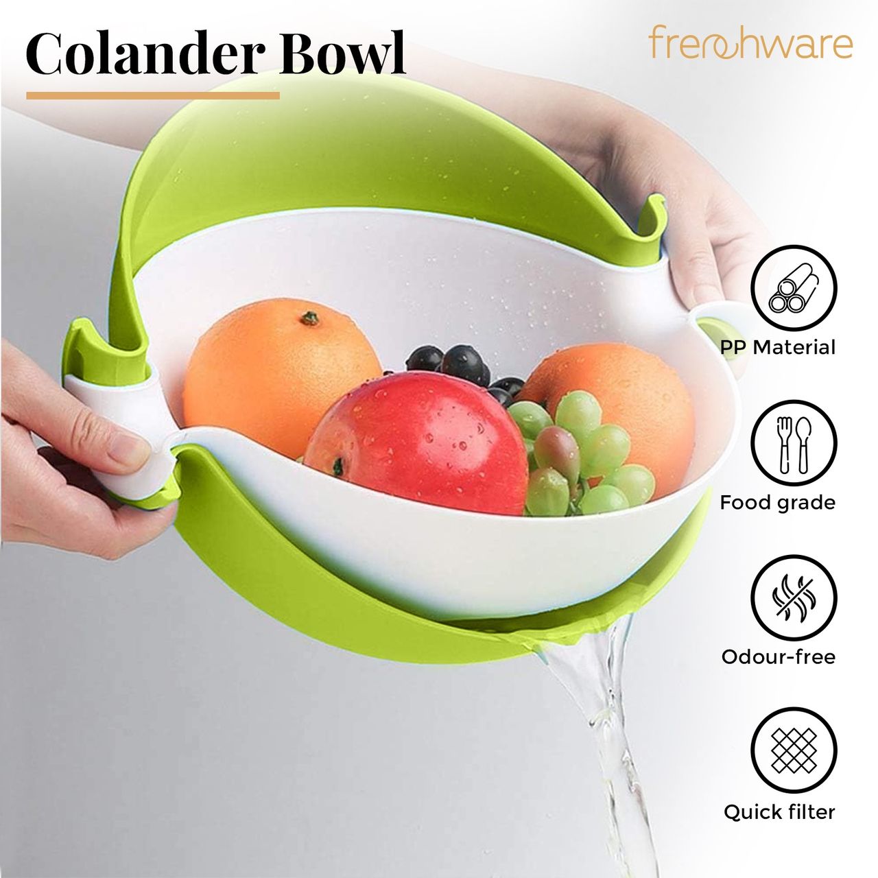 Frenchware Plastic Colander Bowl, Food-Grade Plastic, BPA-Free, Dishwasher-Safe - Green & White