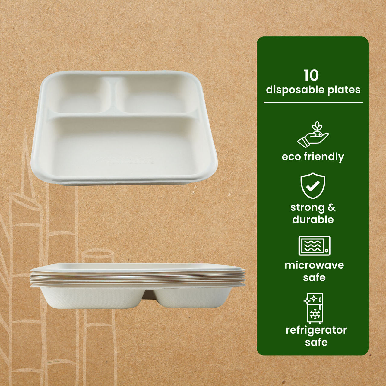 BAY6 Square Plate 3 Compartment - 9 Inch - Pack Of 10