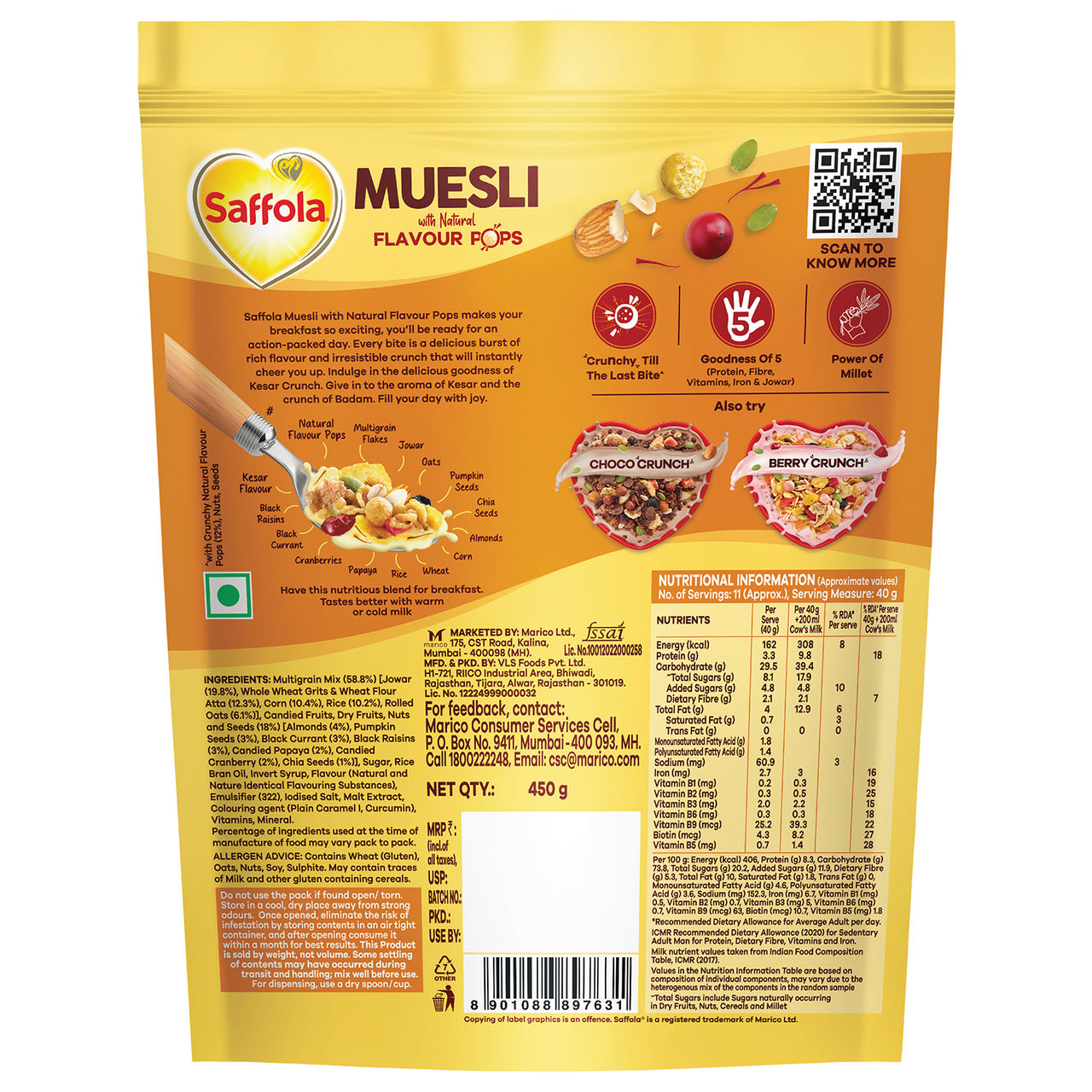 Saffola Muesli Kesar Crunch With Flavour Pops, Fruits, Nuts, Seeds, Millets (15 In 1)